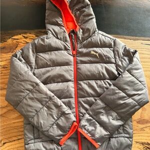 🔥 Puma Puffer Jacket Kids Gray Orange Hooded Coat Size S (8) 🔥